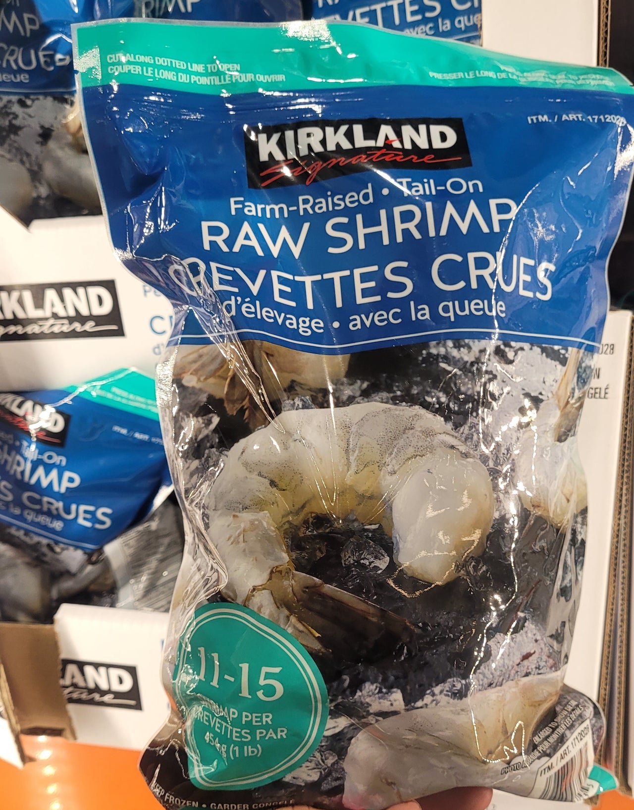 Image of Kirkland Signature Frozen Farm-Raised,Tail-On Raw Shrimp 11/15 - 1 x 680 Grams