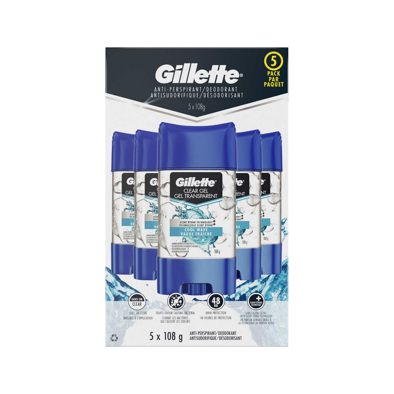 Image of Gillette Clear Gel Antiperspirant and Deodorant 5-Pack - 5 x 108 Grams