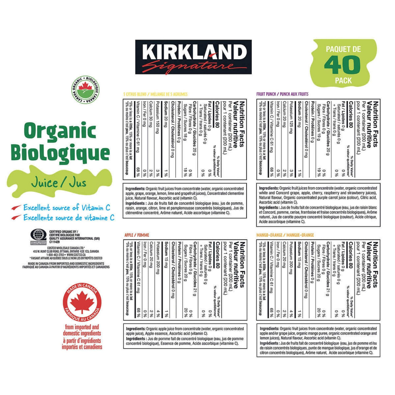 Image of Kirkland Signature Organic Juice Assorted Flavours - 40 x 200 Grams