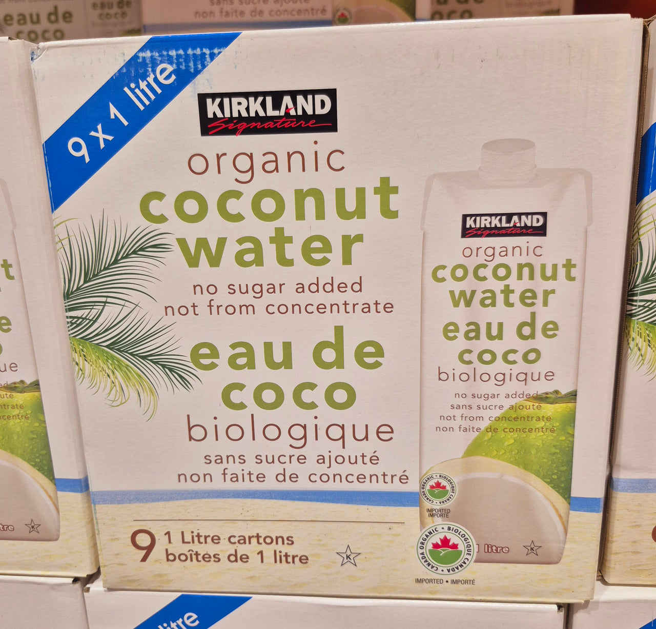 Image of Kirkland Signature Organic Sugar Free Coconut Water - 9 x 1 L