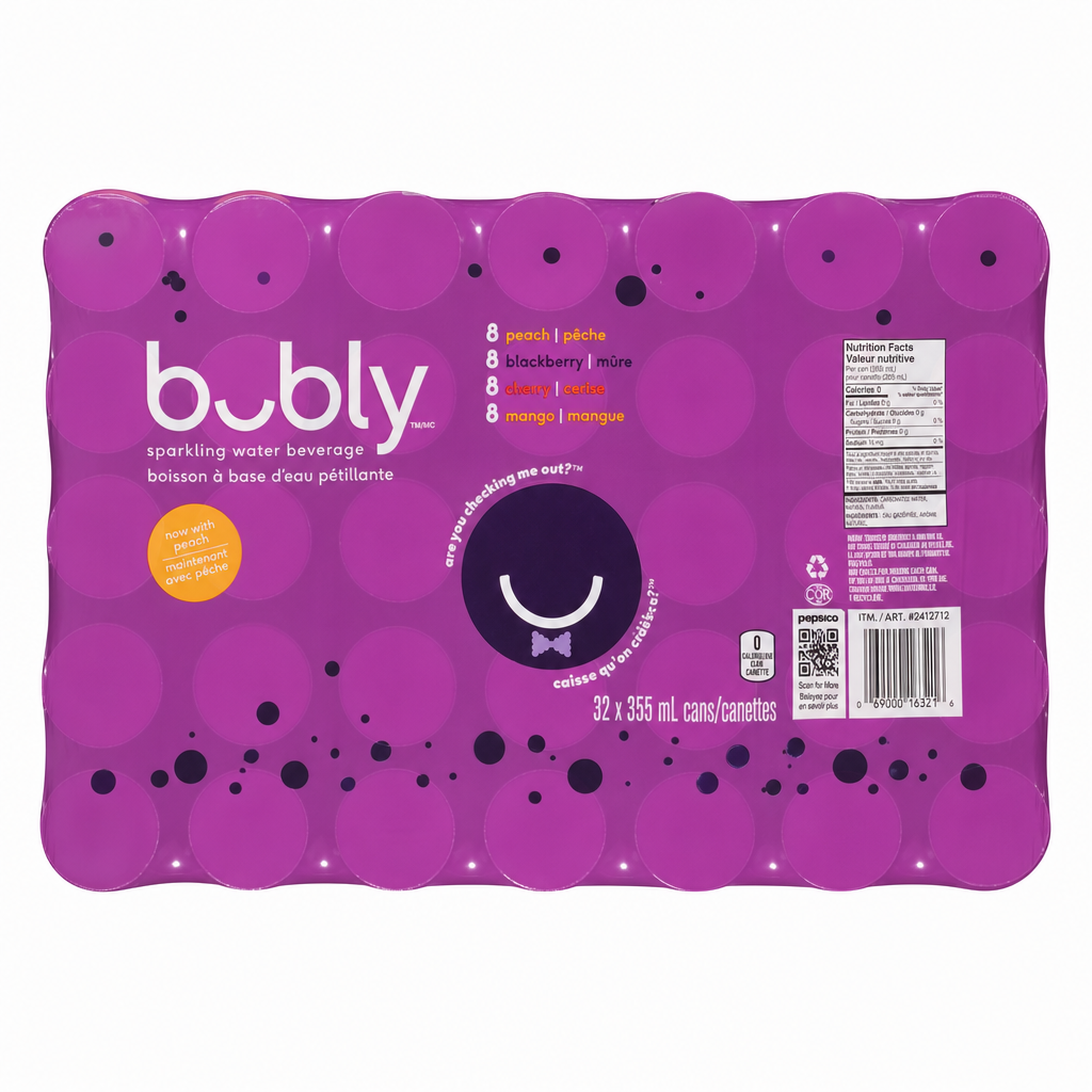 Bubly Peach, Blackberry, Cherry, and Mango Variety Pack - 32 x 355 ML