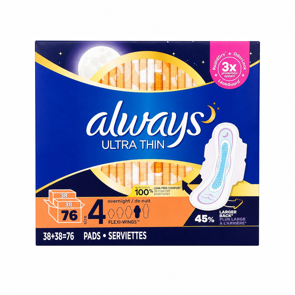 Always Ultra Thin Size 4 Overnight Pads with Wings, Unscented 76ct - 1 x 940 Grams