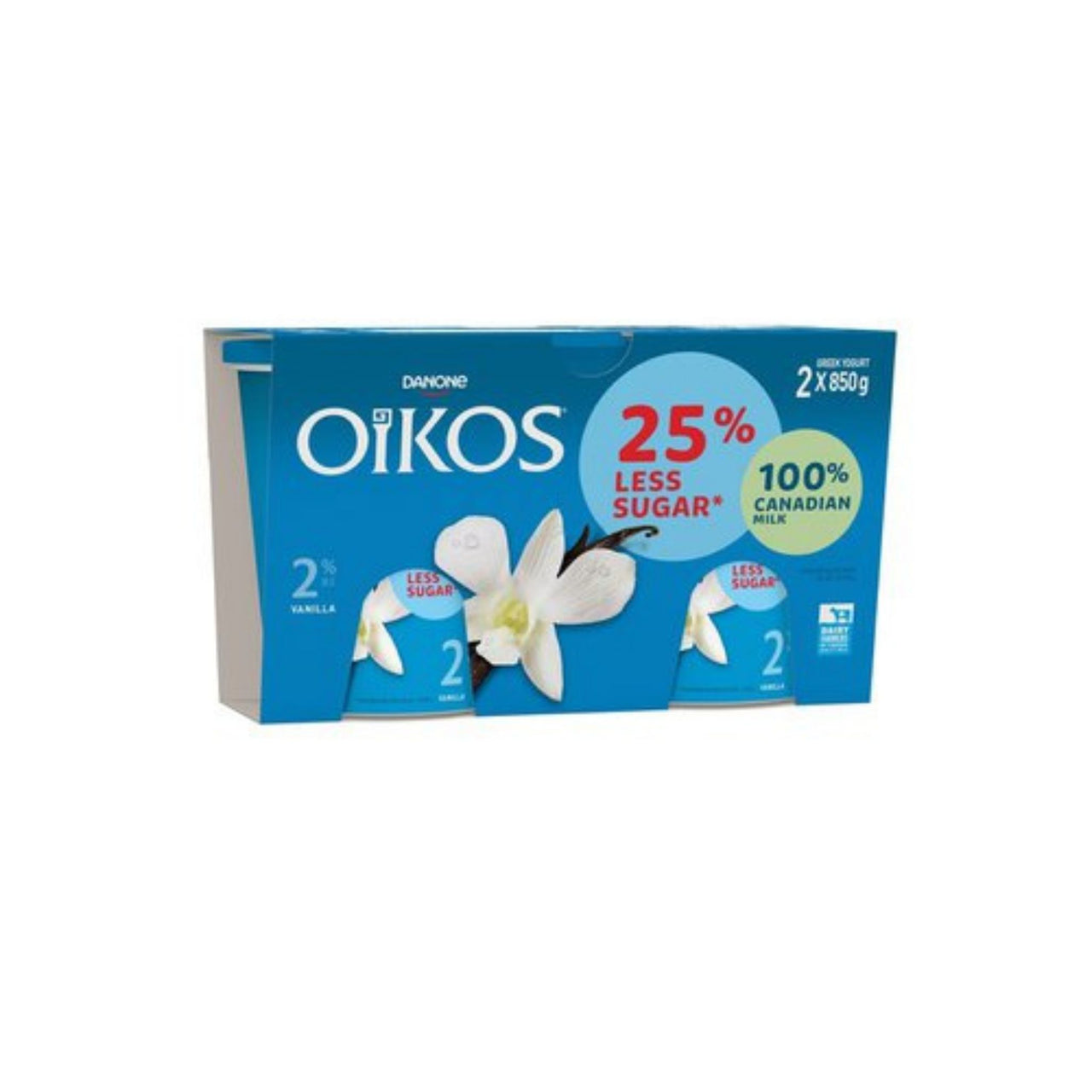 Image of Oikos 2% Greek vanilla yogurt 25% less sugar 2×850g