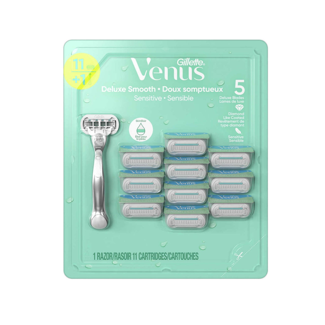 Image of Venus Platinum Deluxe Smooth Sensitive Razor with Cartridges, 1 Handle + 11 Refills