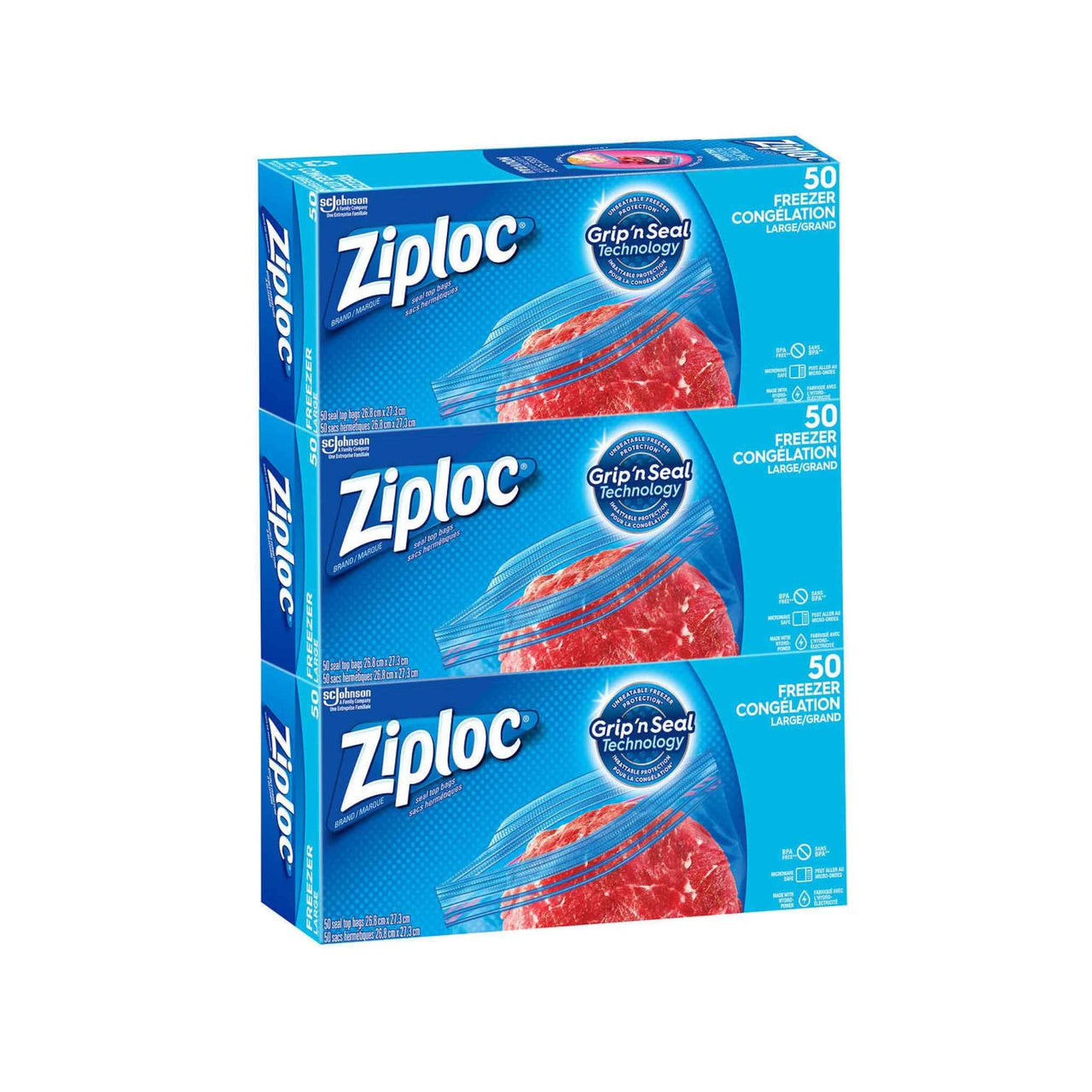 Image of Ziploc Brand Large Freezer Bags, 3 packs of 50 - 1 x 1.07 Kilos